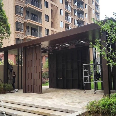 粵藝佰景觀亭3mm厚鋁單板 ，小區廊架裝飾古銅色鋁板定制，包鋼構廊架咖啡色鋁單板廠家免費設計