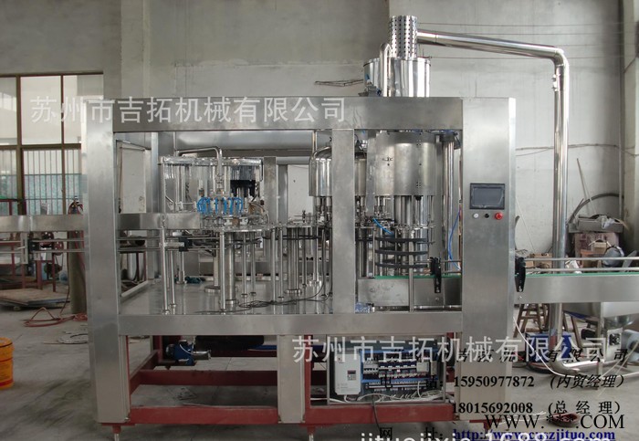 8000瓶每小時含氣飲料灌裝機， 三合一小瓶灌裝機，鋁箔封口機，全自動鋁箔封口機。鋁箔三合一機，全自動鋁箔封口機
